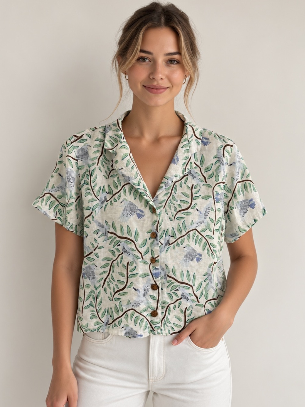 Cynthia Rowley 100% Linen Bird Print Button Up Shirt Women’s M